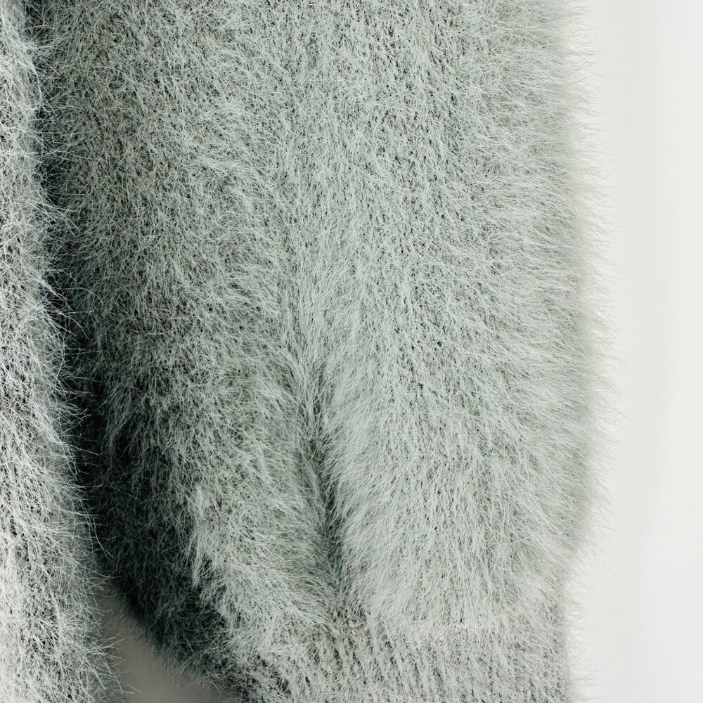 LBD Gray Fuzzy Long Balloon Sleeve Turtleneck Knit Short Sweater Dress Size S - Picture 6 of 9